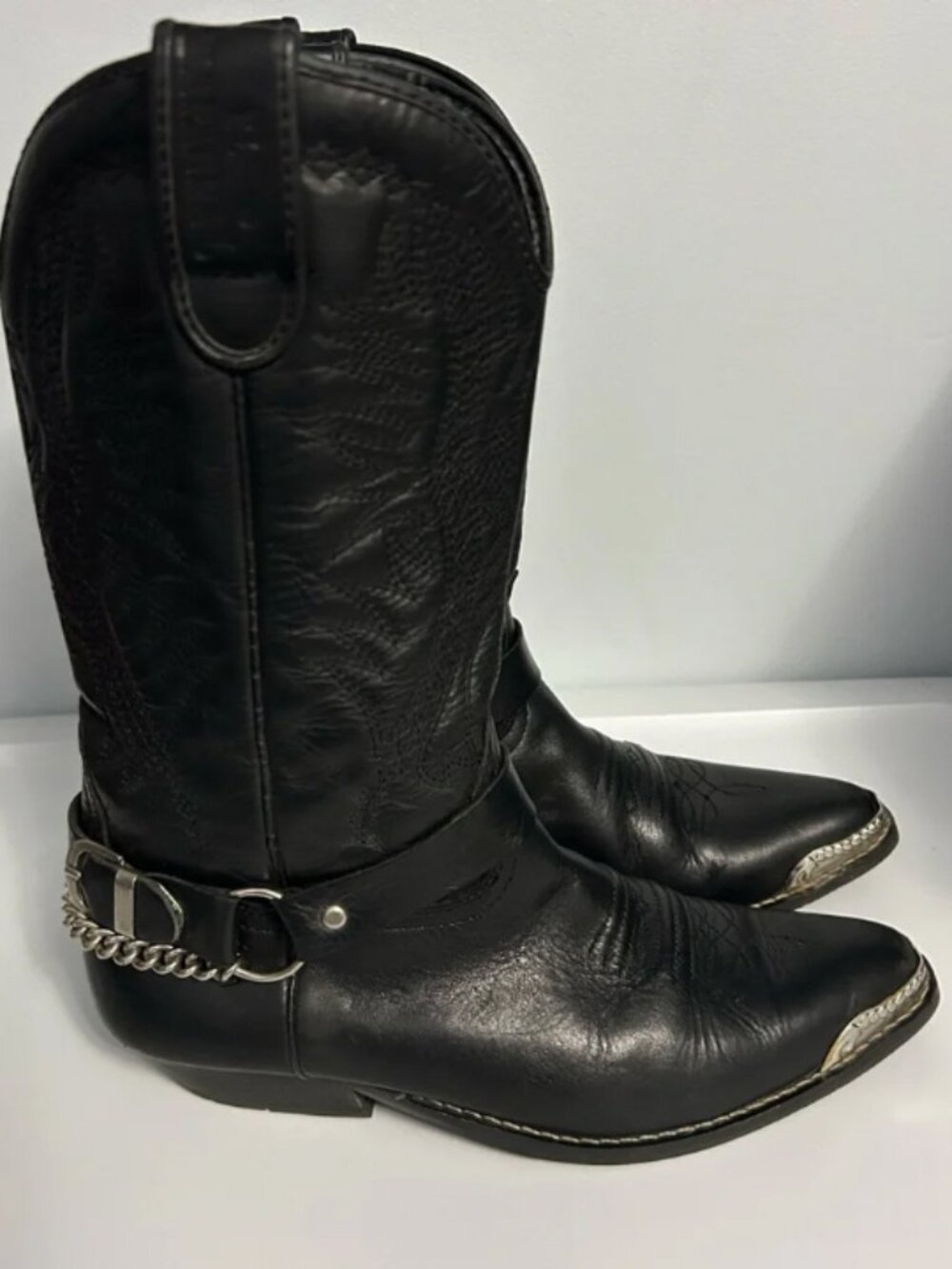 El Chaparral Black Western Cowboy Boots with Bootstraps 7 Vintage